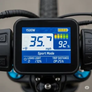 A clear shot of the digital display panel on a 1500w electric bike, showing speed, battery level, and ride modes.