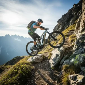A rider on a 500w e bike climbing a steep, rocky trail, demonstrating the bike's high torque and off-road capability.