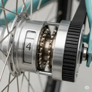 A close-up of the internal hub gears, a common feature on many belt drive commuter bikes that provides a smooth and enclosed shifting experience.