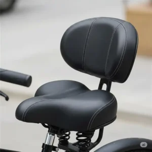 A close-up of a wide, cushioned seat with a backrest on bicycles for seniors.