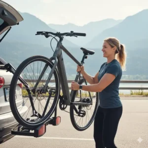 A woman easily lifting a lightweight electric bike onto a bike rack. This image demonstrates the portability and manageability of modern e-bikes designed for women.

