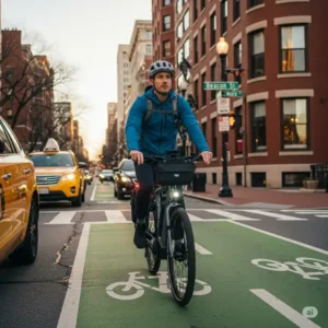 A commuter riding electric bikes of new england through the streets of Boston, easily navigating urban traffic.