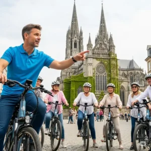 A friendly tour guide on an ebike pointing to a historical landmark, providing interesting facts to the group on their educational ebike tours.