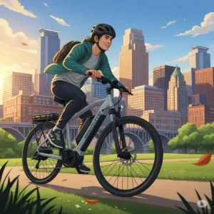 An illustration of an electric bikes minneapolis rider with the Minneapolis skyline in the background, highlighting the urban appeal of e-biking.