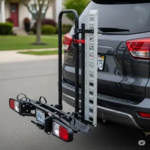 A picture showing a space-saving design of an e bike rack with ramp, folded up against the vehicle's rear when not in use.
