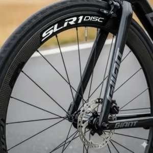 A close-up of the Giant SLR 1 Disc WheelSystem on a Giant road bike, highlighting the lightweight spokes.