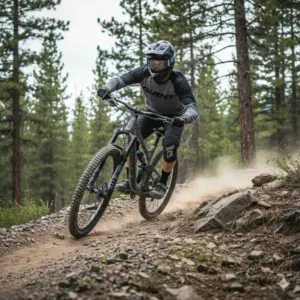 A dynamic shot of a rider descending a rocky, technical trail on a Giant Trance, showcasing its capabilities as an all-mountain bike.