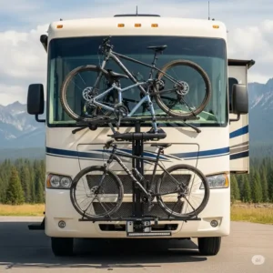 A unique front-mounted rv bike rack for an RV, illustrating an alternative way to transport bikes.