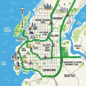 A vibrant map illustration highlighting popular bike trails and dedicated lanes throughout the Seattle area, such as the Burke-Gilman Trail and the Elliott Bay Trail, ideal for exploring the city on a seattle e bike.