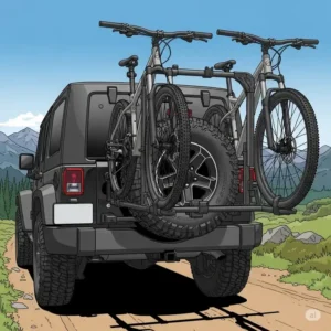 An illustration of a spare tire 5 bicycle carrier mounted on the back of a Jeep-style vehicle, ideal for SUVs with an external spare tire.