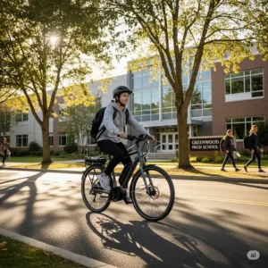 A teenager riding their electric bike to school, with a school building in the background, showcasing the e-bike as a practical and eco-friendly commuting solution.

