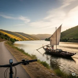 A traditional Rabelo boat sails serenely down the Douro River, as seen from a douro river ebike trail.