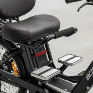 A detailed view of the rear seat and footrests on a two-passenger electric bicycle, emphasizing the comfort and safety features for the second rider.