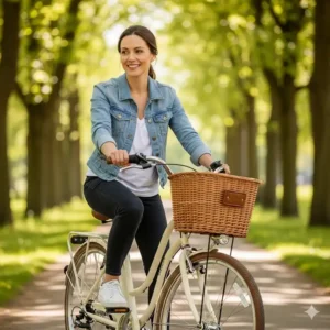 A woman smiling while sitting on a women's step-through bike, demonstrating the upright, comfortable riding position.