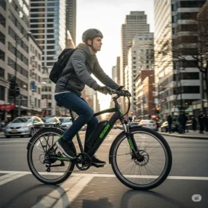 A person confidently commuting through the city on a fast 1500w electric bike, showcasing its versatility for daily use.