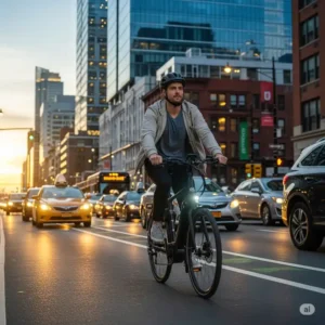 A commuter riding a 500w e bike through urban streets during rush hour, showing how the electric motor helps navigate traffic with ease.