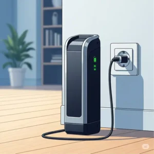 A simple, clean illustration of a seattle e bike battery being charged in a home outlet. The image visually explains the convenient process of charging an electric bicycle and showcases its integration into a modern lifestyle.