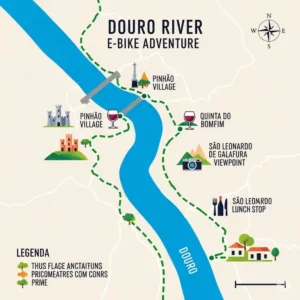 An infographic map detailing a popular douro river ebike route, showing key landmarks and stops for a day trip.