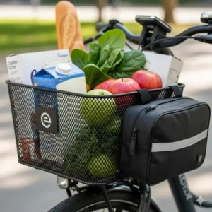 Close-up shot of an e-bike basket filled with groceries and a small integrated bike bag. The accessories are tailored for daily errands and commuting.

