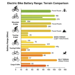 An infographic illustrating the typical battery range of different electric bikes for various terrains.