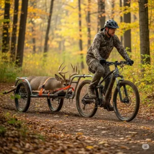 A powerful electric bike pulling a small trailer with a harvested deer, showcasing the practical hauling capabilities of the best ebike for hunting.