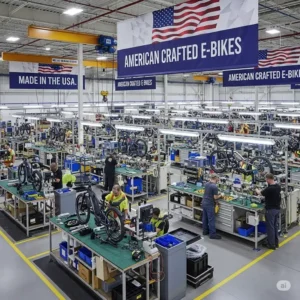 A wide shot of a bustling manufacturing floor showing multiple stations where various models of e bikes made in the usa are being built.
