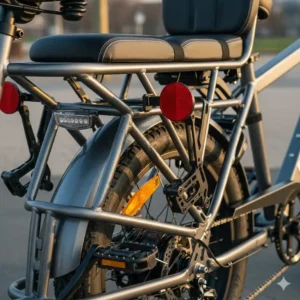 An image showing the sturdy frame and padded rear seat of an electric bike with a passenger seat, ideal for carrying a friend or family member.