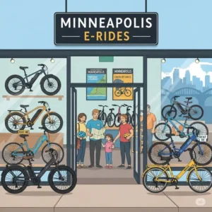 An illustration of an electric bikes minneapolis rental shop in Minneapolis, showing various e-bikes available for rent to explore the city.