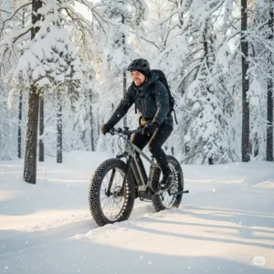 A person on electric bikes of new england fat bike riding through a snowy forest in Maine.