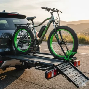 An electric bike with fat tires is positioned on a wide, sturdy tray of an e bike rack with ramp.