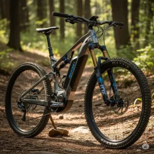 A detailed image of a full-suspension 48v ebike designed for rugged off-road adventures.