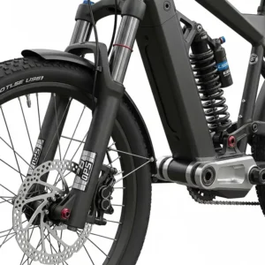 A detailed view of the suspension system on electric bikes for heavy riders, built to support them.