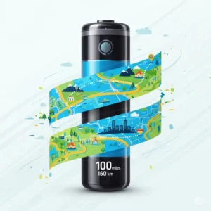 An illustration showing the long-range battery of a teen e-bike with a map graphic, representing its ability to cover long distances for adventures and errands.