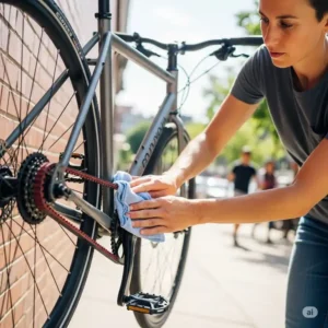 A cyclist quickly and easily wipes down their low-maintenance belt drive bike, demonstrating how the system stays clean without needing lubrication.
