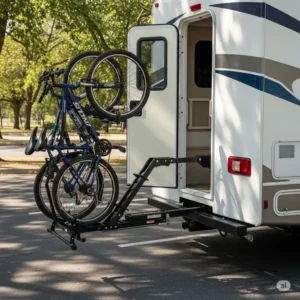 A swing-away rv bike rack with bikes attached, swung open to provide access to the rear of the vehicle.