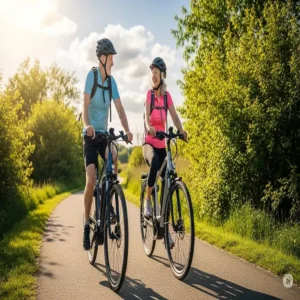 A happy senior couple riding their electric bike for senior citizen on a sunny day, demonstrating the social and fitness benefits for older adults.