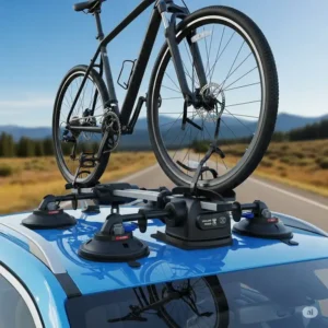 An illustration of a suction cup 5 bicycle carrier on a car's roof, showcasing a temporary and versatile carrier option for bikes.
