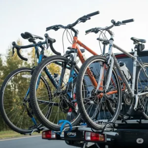 A detailed shot of three different types of bikes secured on a bike rack car 3 bikes.