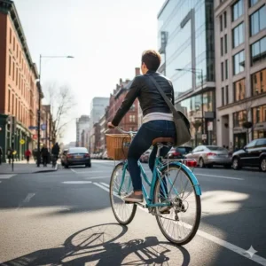 A person riding a women's step-through bike on a city street, illustrating its use for urban commuting and errands.