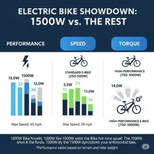 An infographic comparing the performance, speed, and torque of a 1500w electric bike to other electric bikes.