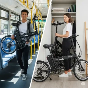 A compact, foldable 500w e bike, highlighting its portability for storage or public transport.