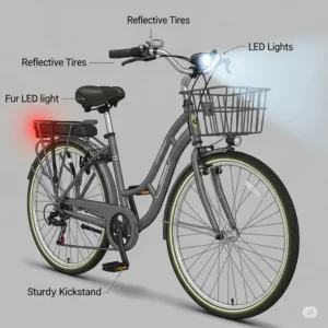 A detailed illustration showing key safety features on a bicycles for seniors.