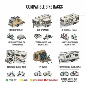 An infographic illustrating the different types of travel trailers and the compatible travel trailer bike rack options for each.