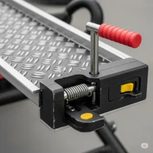 A detailed image highlighting the textured surface and secure locking mechanism of a loading ramp for an e bike rack with ramp.