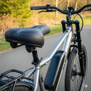 A view of a wide, cushioned saddle on an electric bike. The seat and an adjustable suspension fork are designed to provide maximum comfort for female riders.