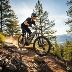 A rider uses the motor assist to climb a steep hill on a best full suspension ebike.