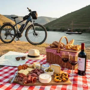 A picnic basket with local foods and wine, set up next to the Douro River, representing a perfect stop on a douro river ebike adventure.