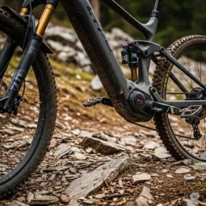 A close-up shot of an electric hunting bike's front suspension and robust frame, proving its durability and ability to handle rugged, uneven terrain smoothly, making it the best ebike for hunting.