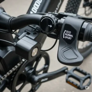 A close-up of the thumb throttle and pedal-assist sensor on an electric bicycle 1000w, explaining the different power modes.