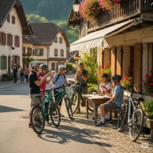 People on an ebike tour riding through a quaint village, stopping to enjoy a coffee at a local cafe, capturing the cultural immersion aspect of the ebike tours.